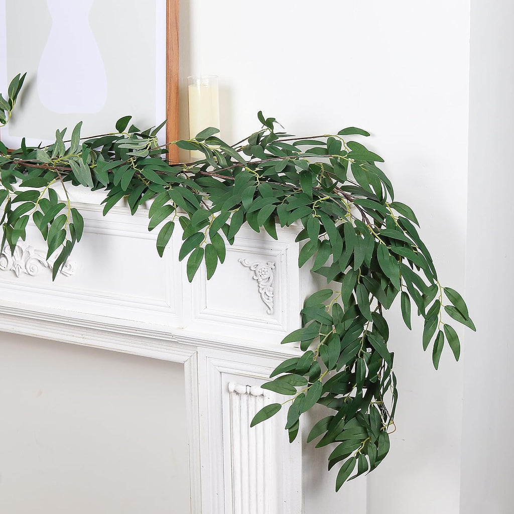 Artificial Willow Leaves Vine Twigs 5.9Ft Fake Hanging Ivy Plants Silk Green Leaf Rattan Garland Greenery Decor - Set of 2
