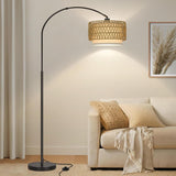 Rattan Floor Lamp, Arc Floor Lamps, Farmhouse Standing Lamp with Adjustable Hanging Fabric Shade