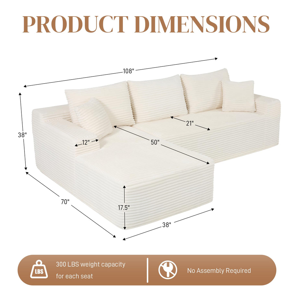 108" L Shaped Cloud Boneless Sectional Couches, Modern Comfy Modular Deep Seat Memory Foam Compressed Corduroy Sofa