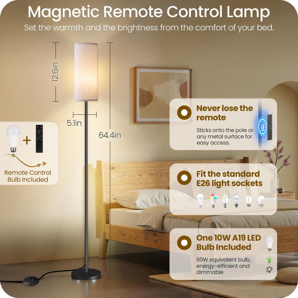 Dimmable Floor Lamp with Remote and Foot Switch, Corner Floor Lamp, 64.4" Standing Tall Lamp, 10W 900LM LED Bulb