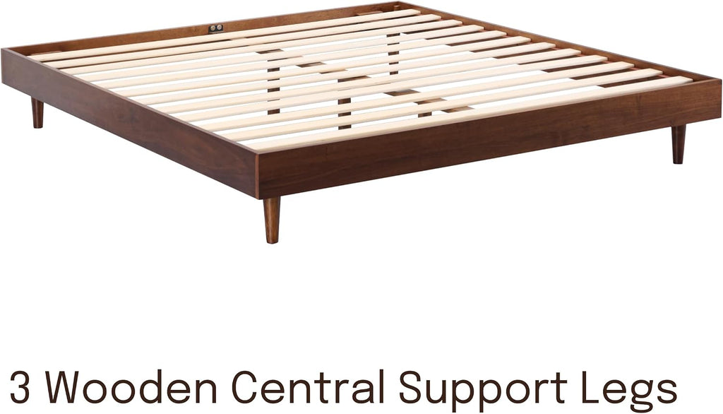 Fly Wooden Bed Frame Without Headboard, Crafted from Walnut, Rubber Wood with Silent Slats and Wood Central Supports