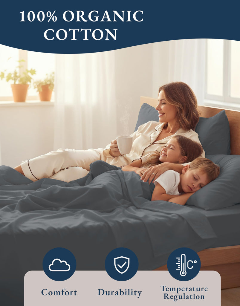 Queen Bed Sheet Set 100% Organic Cotton Cooling Soft - Charcoal