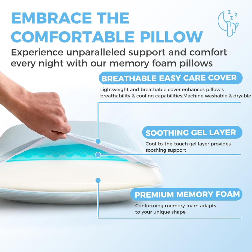 Cooling Gel Memory Foam Pillow for Sleeping, Standard Size Bed Pillows for Hot Sleepers with Cooling Cover, Neck