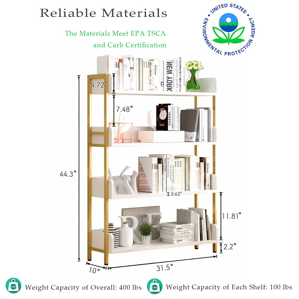 Wide Open Shelf Bookcase, 4-Tier, White with Gold Frame