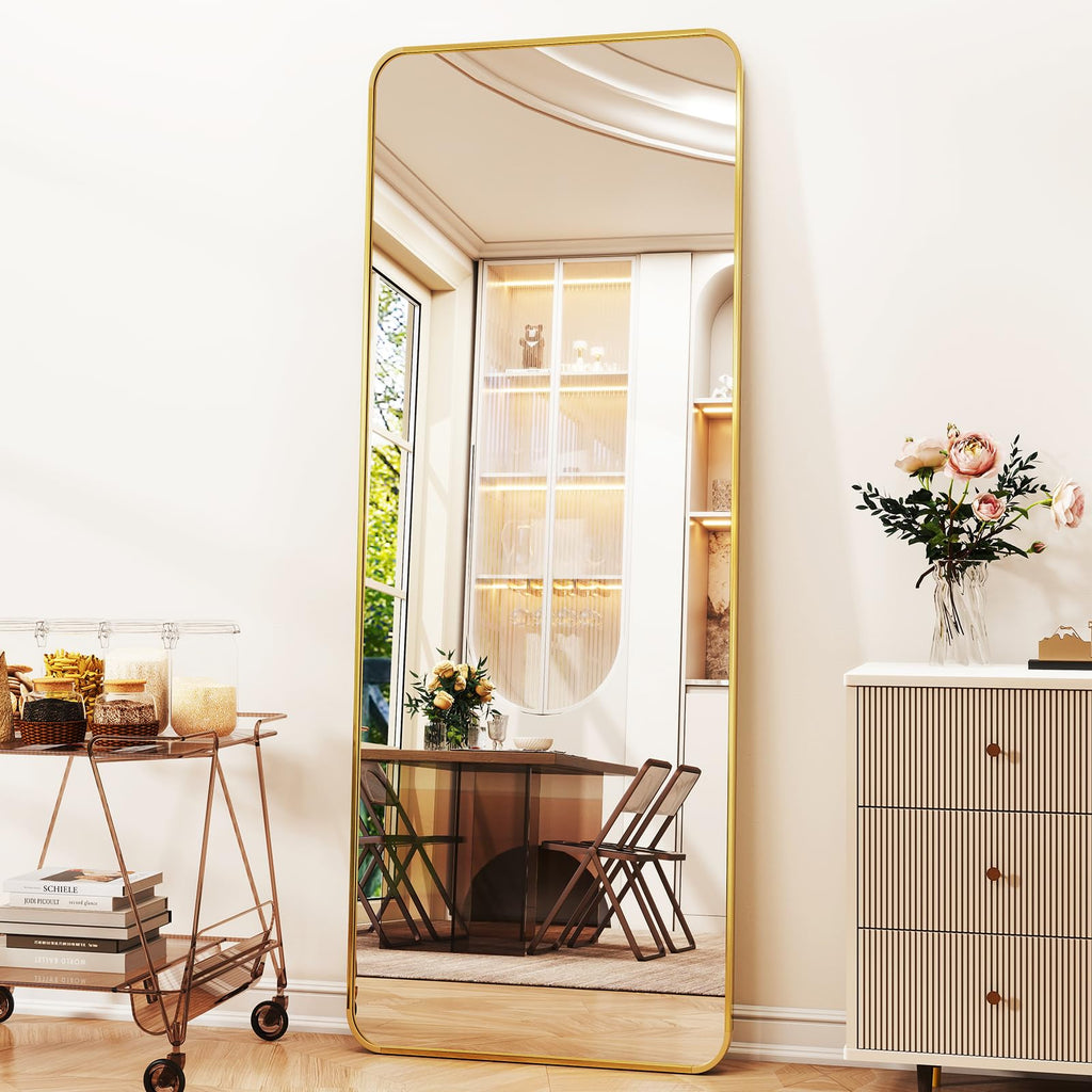 Full Length Mirror 23"x66", Large Floor Mirror with Rectangle Rounded Corners, Gold Aluminum Alloy Frame, Wall Mirror