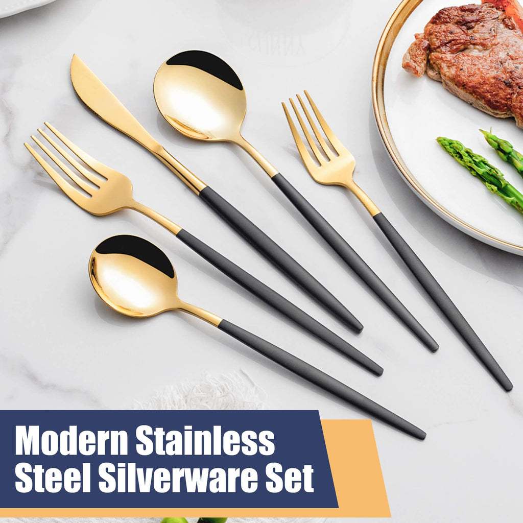 40 Piece Black Gold Silverware Set,Stainless Steel Flatware Cutlery Set Service for 8 Including Forks Spoons