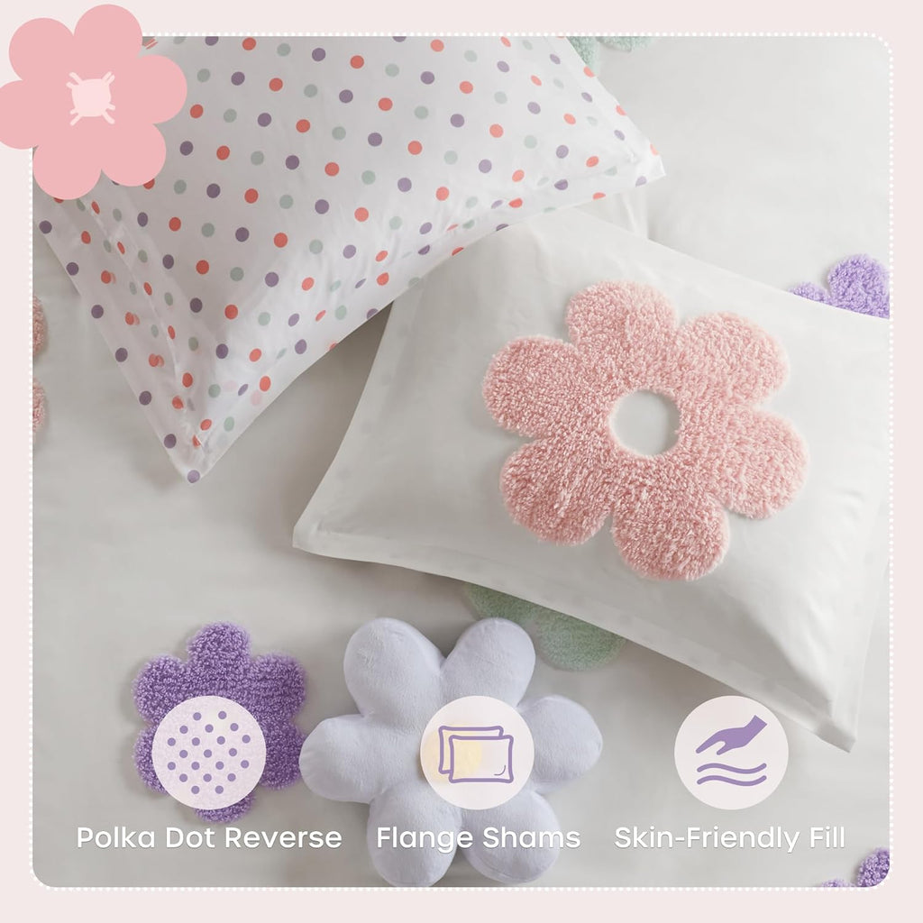 Kids Full Comforter Set for Girls, Tufted Chenille Floral Comforter Set Queen, Lightweight Polka Dot Reversible Bed