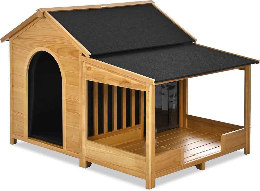 Outdoor Dog House with Insulated Liner, Wooden Kennel with Porch