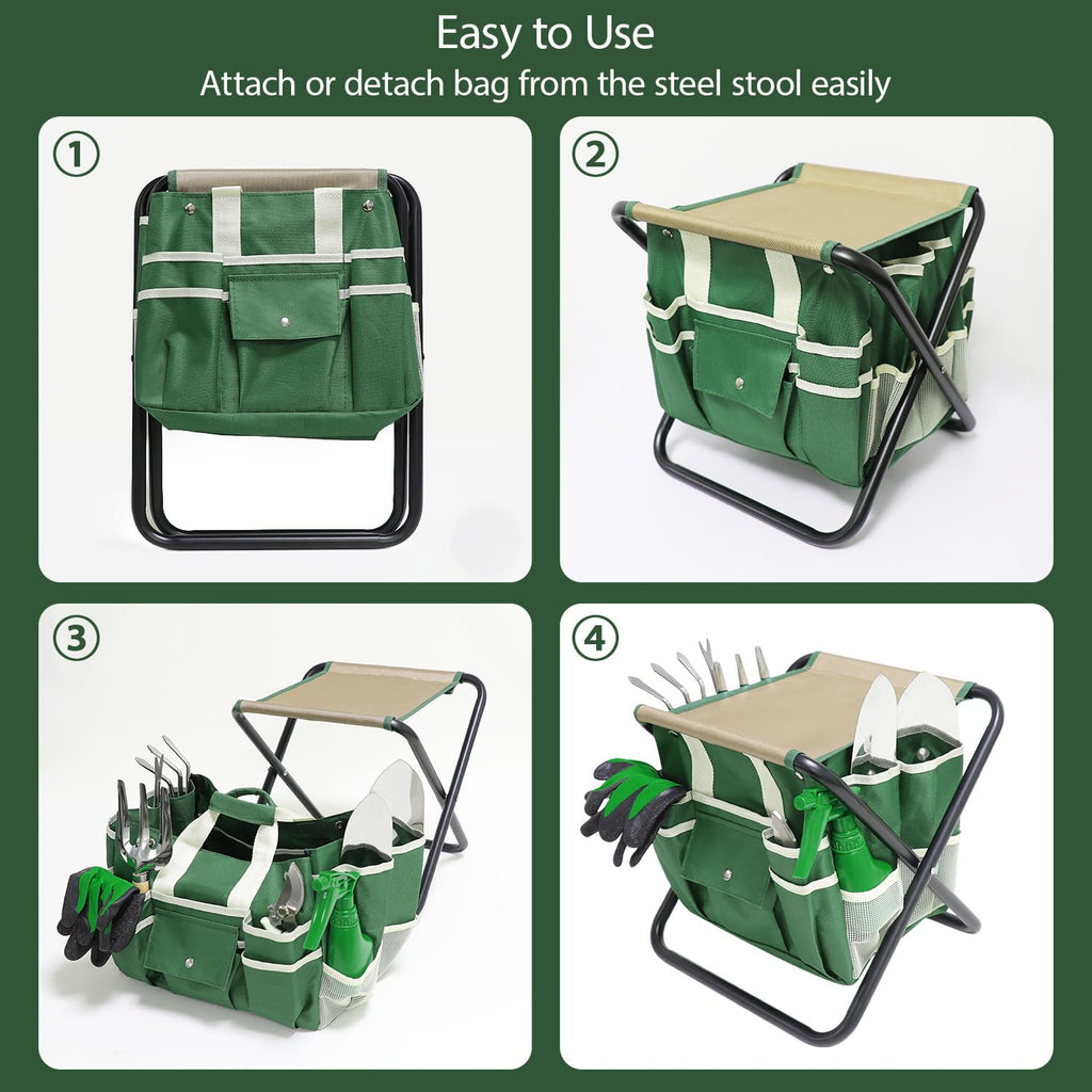 Garden Tool Set, 10 Piece Kit with Heavy Duty Folding Stool, Detachable Storage Tote Bag, Stainless Steel Tools