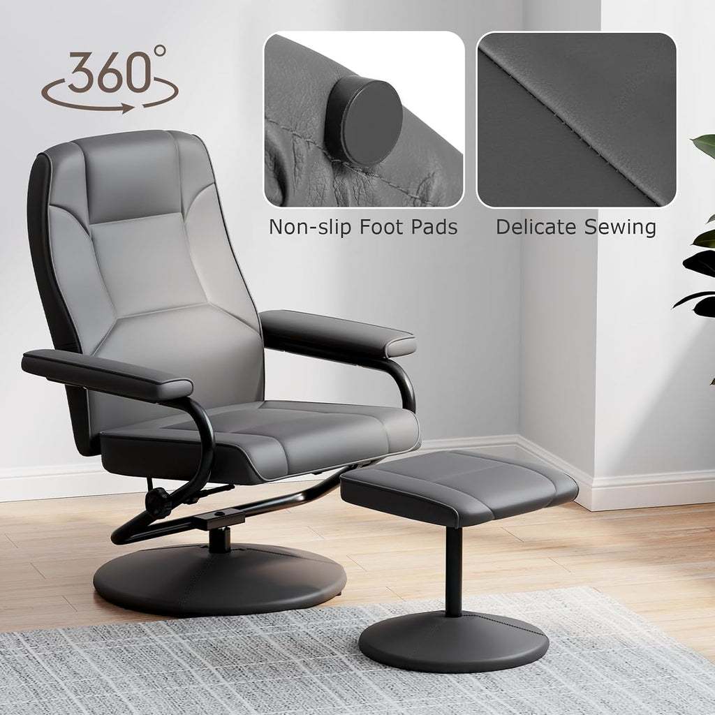 Modern Reclining Swivel Lounge Chair and Ottoman — Black Faux Leather