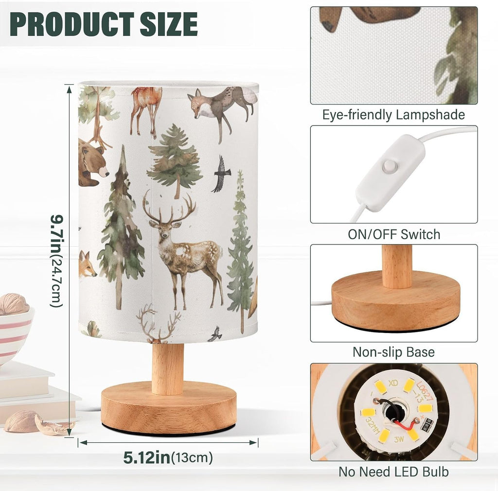 Table Lamp Watercolor Animal Forest Tree Deer Fox Bear Nightstand Lamp with Wood Base Fabric Lamp Shade Bedside Desk