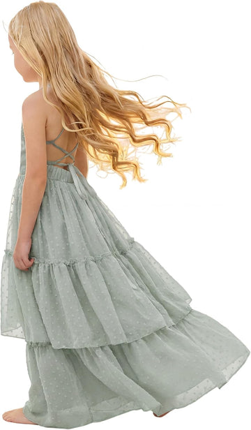 Boho Flower Girl Dresses Swiss Dot Chiffon Girls Backless Dress Beach Wedding Flowy Summer Maxi Gown