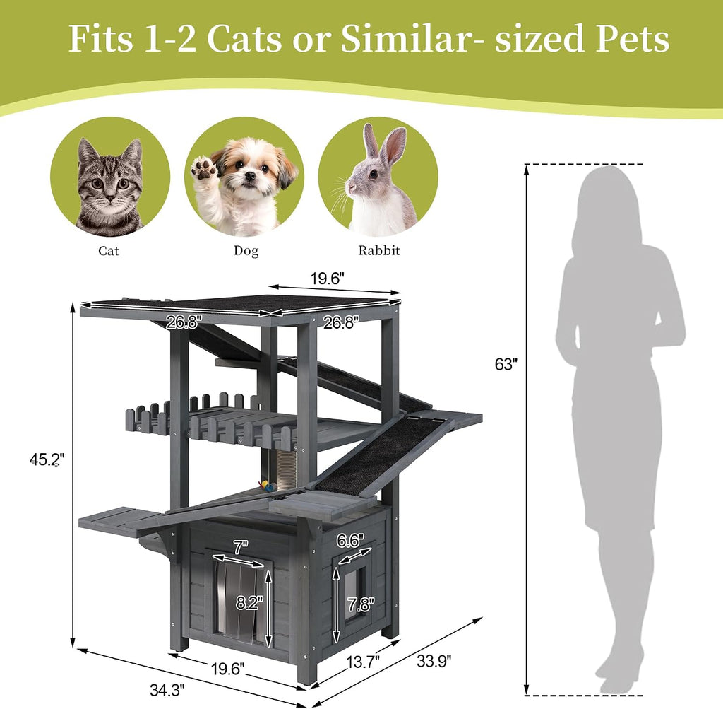 4 Tiers Outdoor Cat House, Weatherproof Wood Cat Tree Tower with Waterproof Roof and 2 Doors, Cat Climbing Tower