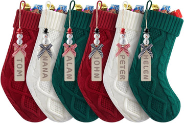 Inches Hanging Stockings with DIY Snowman Name Tags, 6 Pack Large Size Knitted Stockings for Mantels, Christmas - Set of 6