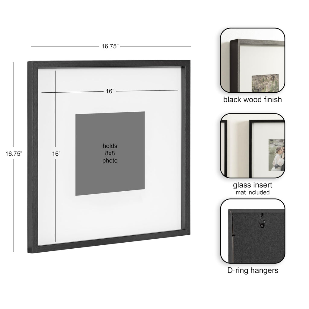 Gibson Modern Wall Picture Frame Set of 3, 16x16 matted to 8x8, Black, Three-Piece Frame Set for Gallery Wall Frame