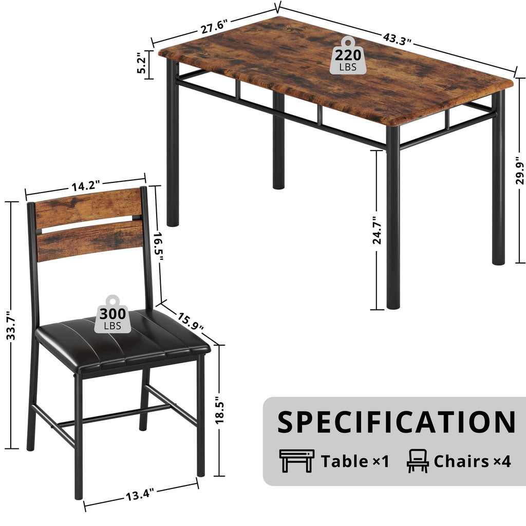 Dining Table Set for 4, Rustic Brown