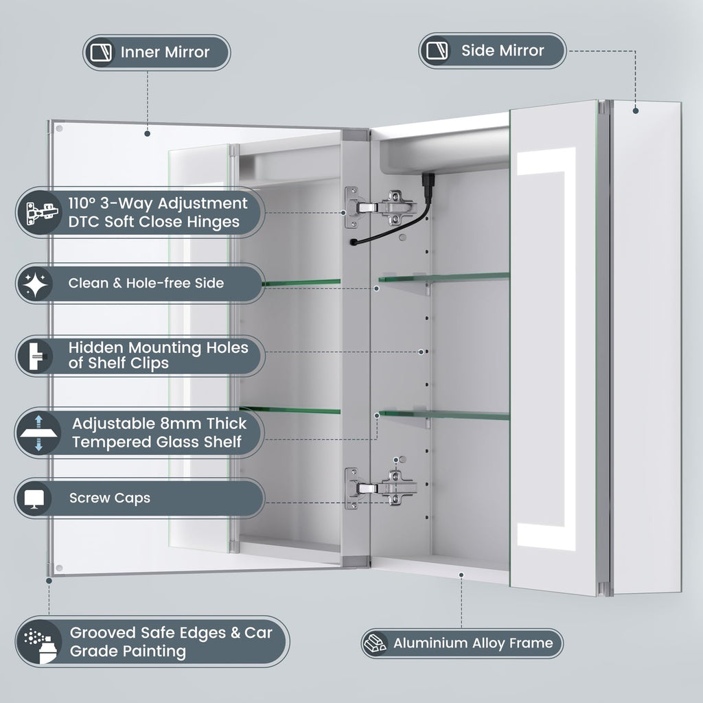 Medicine Cabinet with Lights 30x26 Inch, Aluminum Alloy Frame with Side Mirrors &Dual Mirrored Doors, Recessed or