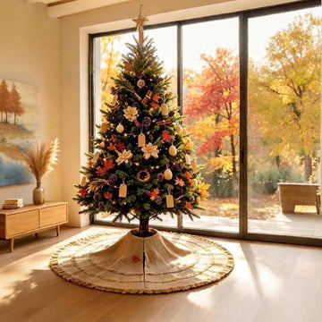 48" Burlap Christmas Tree Skirt with 3-Layer Tassel Design, Brown Rustic Farmhouse Jute Linen Large Fall Tree Skirt