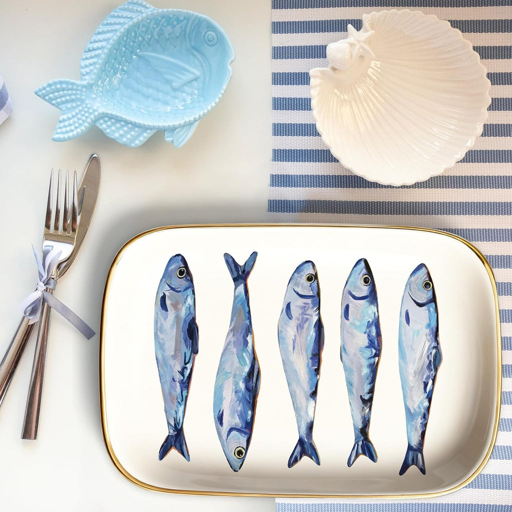 Sardines Trinket Tray Ceramic Jewelry Dish Aesthetic Fish Decorative Key Tray Bathroom Dresser Table Countertop