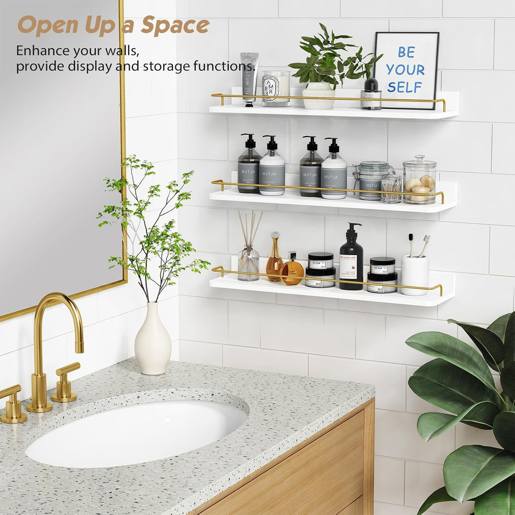 24 Inch Bathroom Floating Shelves for Wall Set of 3, Gold Bathroom Shelves Over Toilet Wall Mounted with Rail