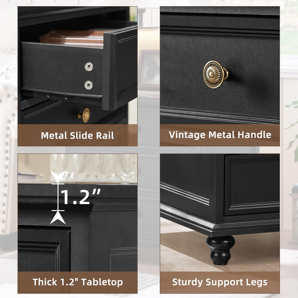 24" Wide Farmhouse Night Stand Set of 2, Large End Table with 3 Drawers & Metal Handle, Wood Cabinet, Bed Side Table