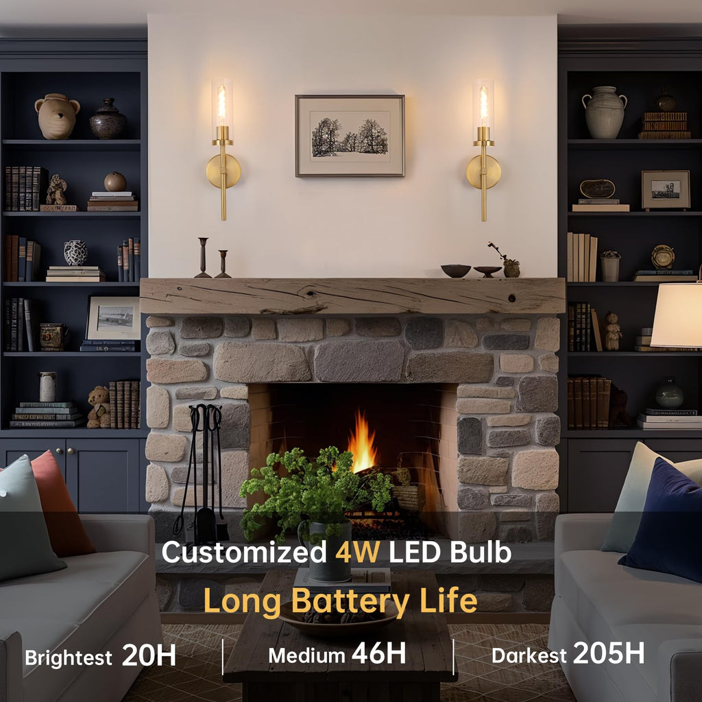 Set of 2 Battery Operated Wall Sconce with 3 Color Temperatures & Remote Control, Gold Rechargeable Dimmable Wall