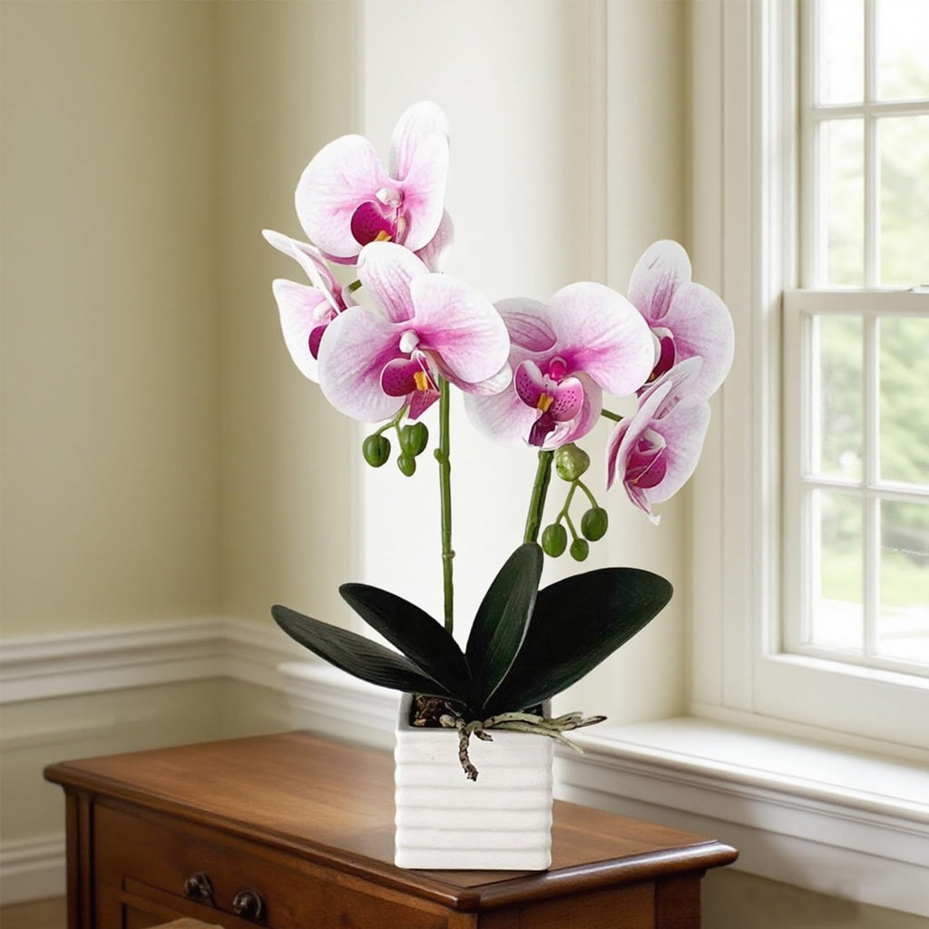 Artificial Orchids Decor Indoor with Vase Orchids Artificial Flowers White Purple Orchid Height 14 Inches