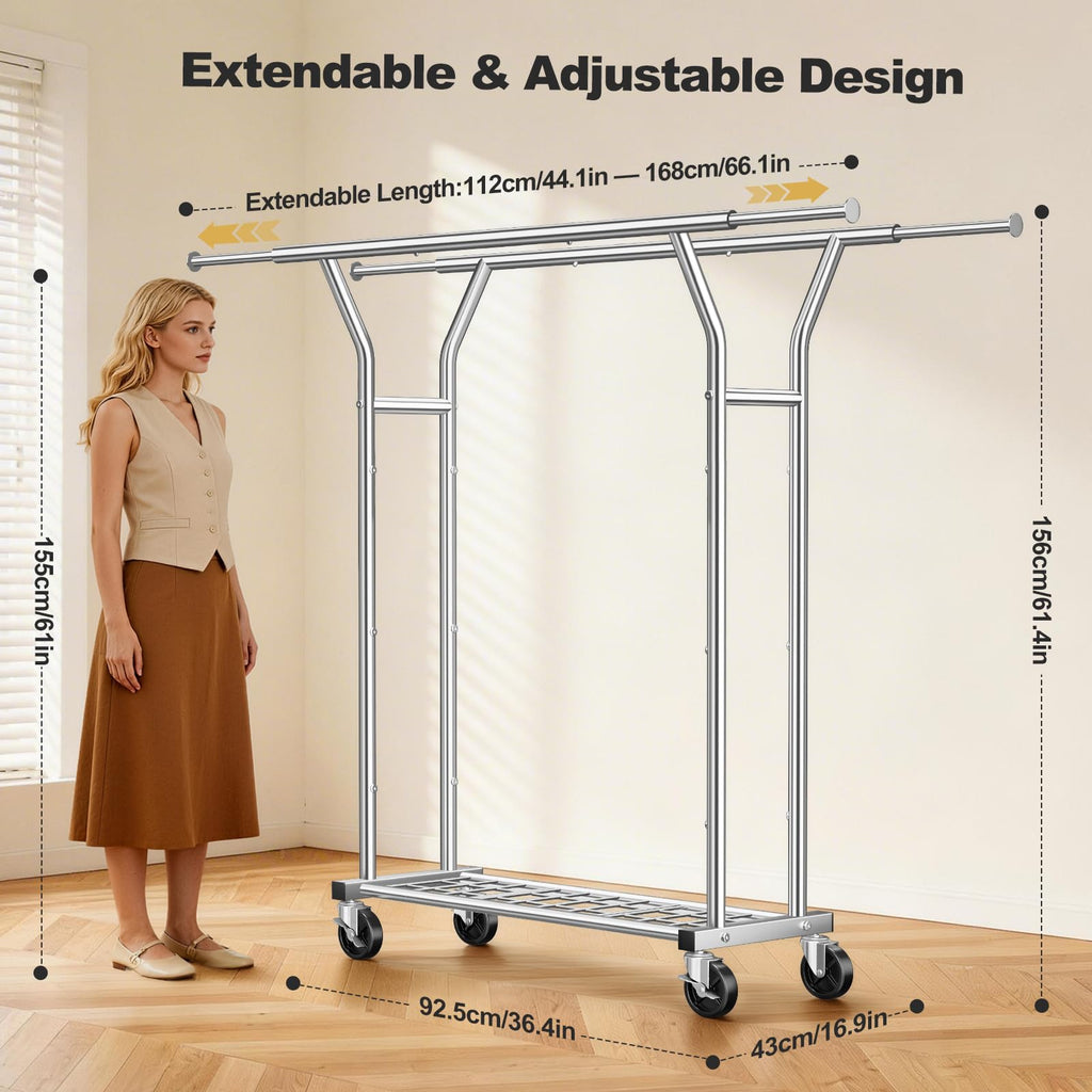 Heavy Duty Rolling Garment Rack, Double Rod Clothing Organizer, Silver
