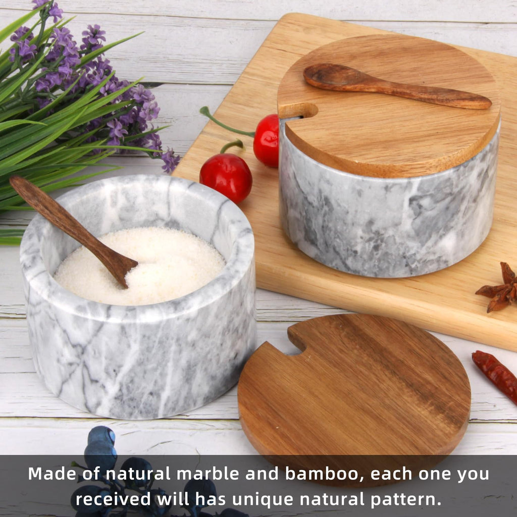 Marble Salt Cellar Box with Wood Lid & Spoon, Light Grey Bowl - Set of 3