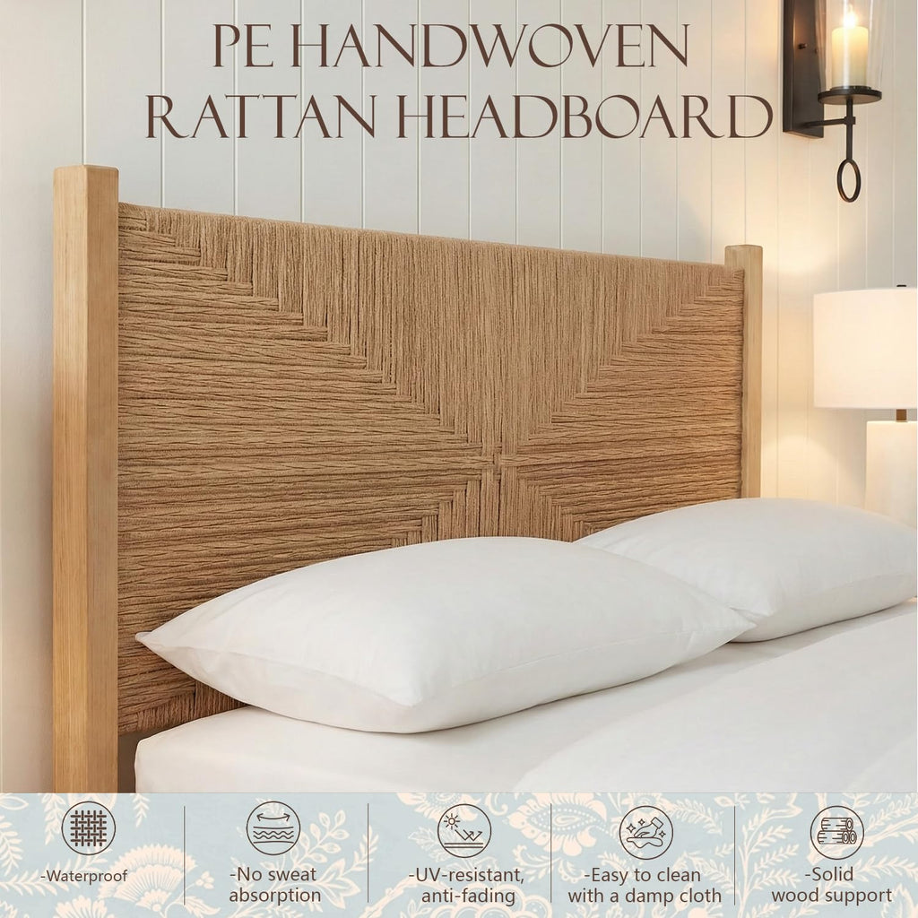 King Size Rattan Bed Frame, Boho Wicker Headboard, Natural Oak