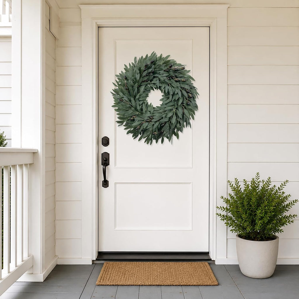 22 Inch Olive Wreath for Front Door, Spring Summer Wreaths for Front Door with Faux Grapevine Base, Artificial