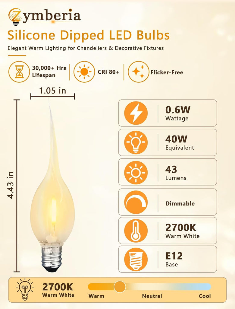 Silicone Dipped LED Candelabra Light Bulbs, C7 Shatterproof Candle Flame Light Bulb for Window Candles, 0.6W 2700K