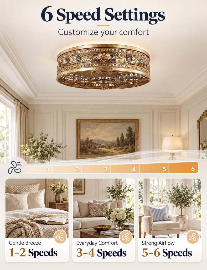 Gold Crystal Caged Ceiling Fan with Light, Flush Mount Ornate Drum Fandelier