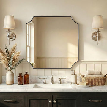 30"x30" Chrome Bathroom Mirror, Square Vanity Mirror, Scalloped Wall Mirror in Rustproof Stainless Steel Thin Frame