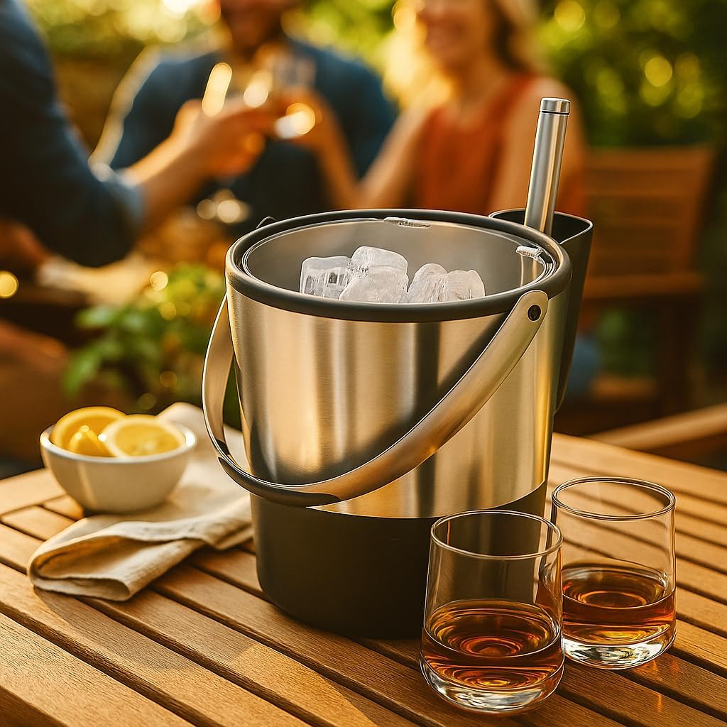 Insulated Ice Bucket, 4 Quart / 3.8 L, Stainless Steel, Black.