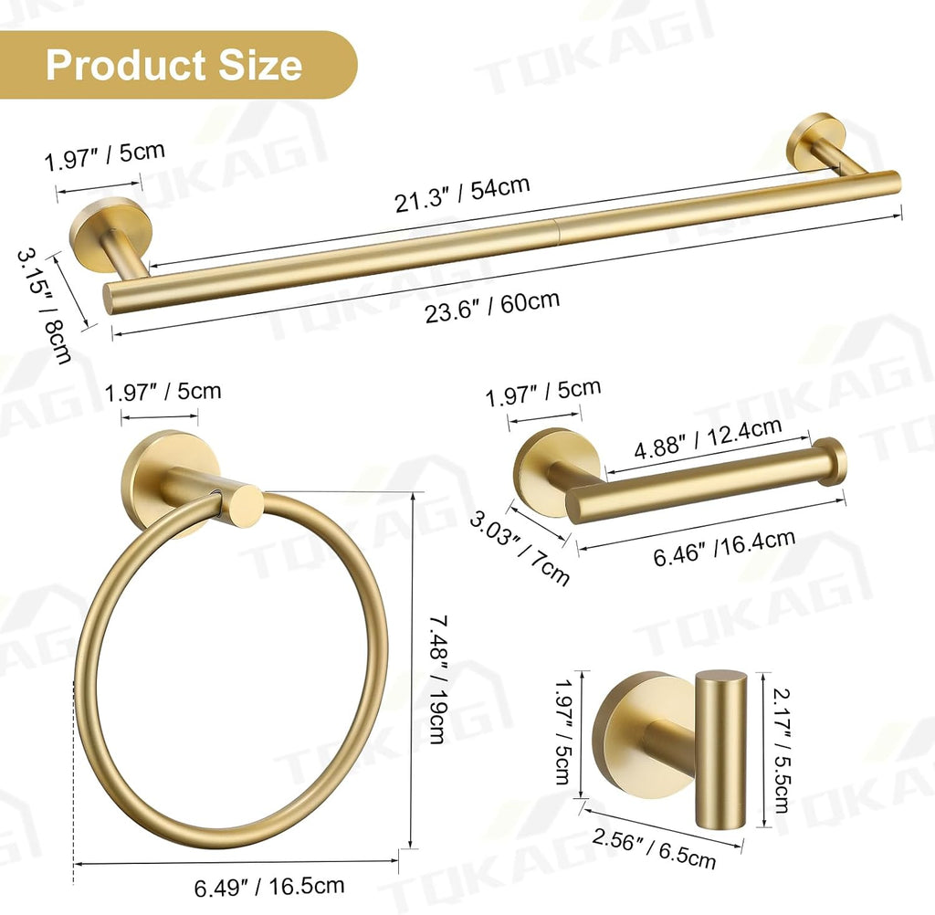 Brushed Gold Bathroom Hardware Set 6-Piece Bathroom Accessory Set 23.6 Inch Round Stainless Steel Towel Bar Set Wall