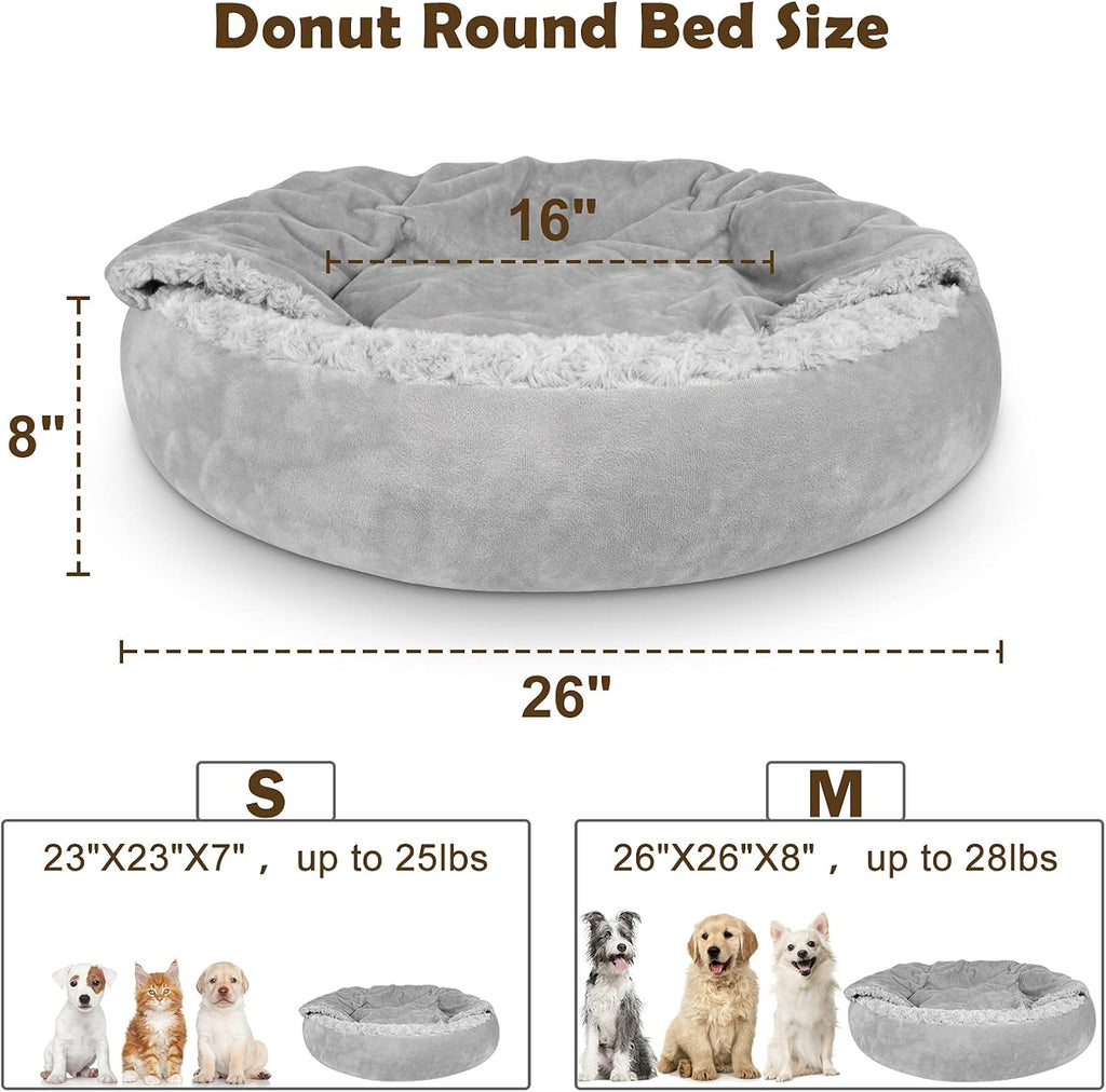 Dog Beds for Small Medium Dogs, Cozy Cuddler Luxury Puppy Pet Bed with Blanket Attached, Donut Round Calming