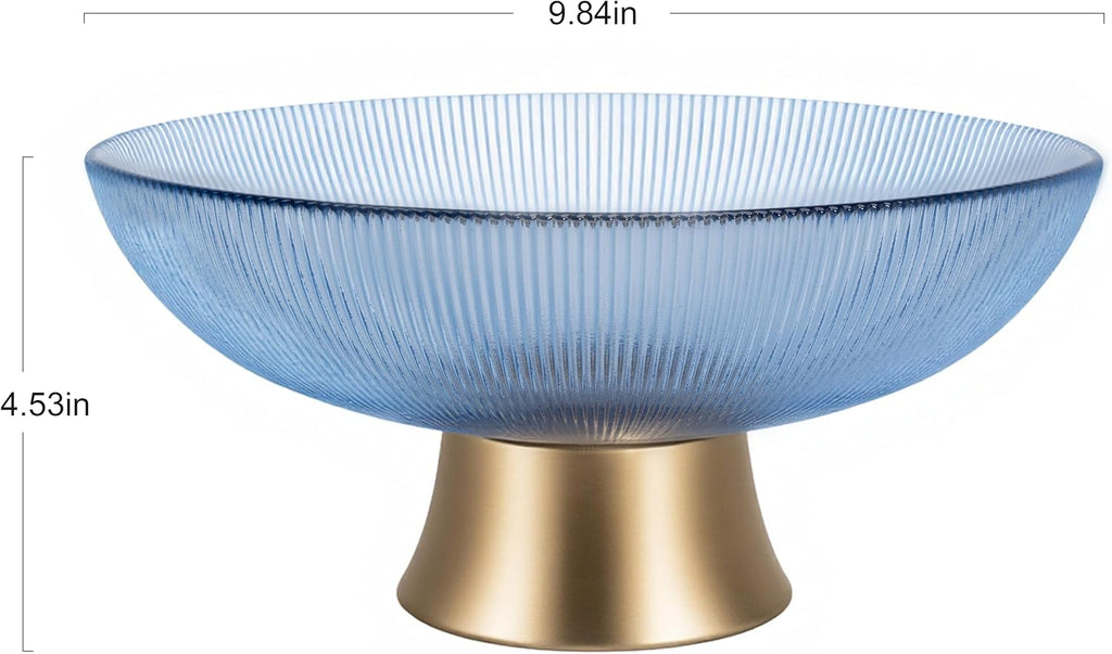 Round Glass Decorative Bowl (Blue), 9.8 Inches Handblown Striped Design Glass Bowl with Rust Resistant Metal