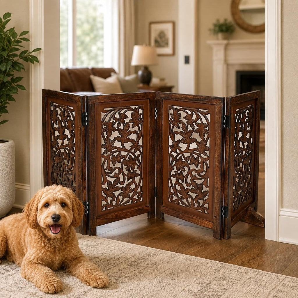 Dog Gate Freestanding 56x28 Folding 4 Panel, Natural Burnt Lucy Design