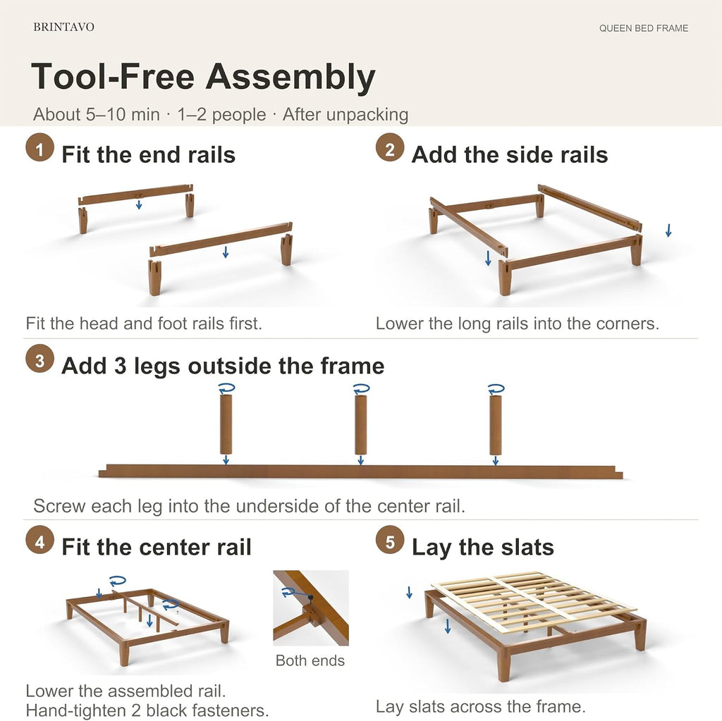 Bed Frame, Solid Rubberwood Main Frame with Plywood Slats, Japanese-Inspired Joinery, Tool-Free 10 Minute