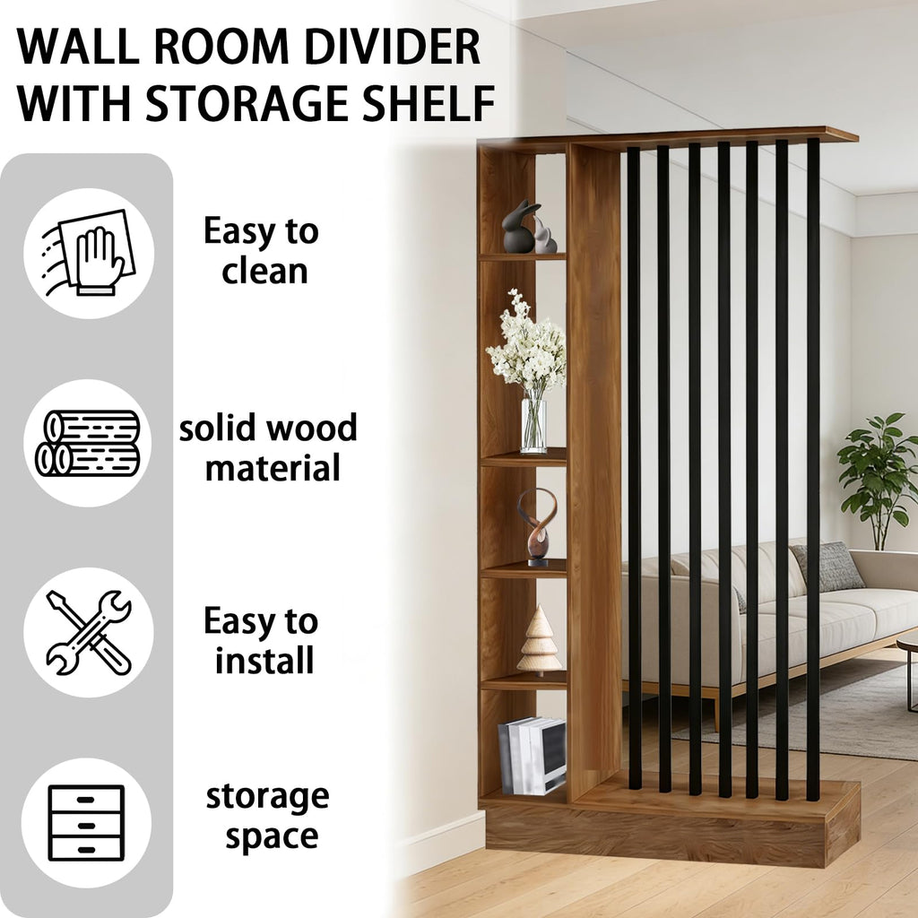 Room Divider with Shelves, Wall Room Divider with Storage Shelf, Easy to Assemble, Suitable Decoration (A Golden Oak