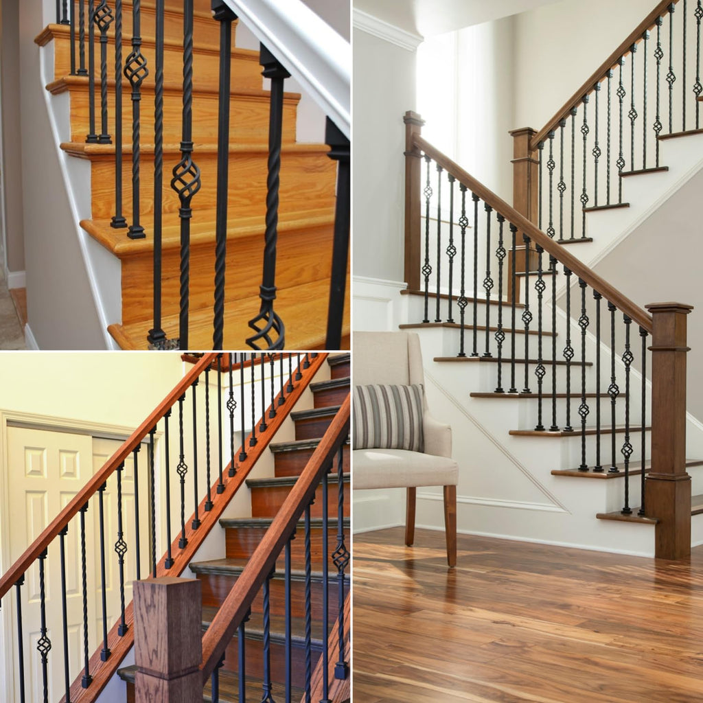 Wrought Iron Balusters (Set of 10), Hollow Double-Spiral Twist Stair Spindles, Decorative Metal Balusters Spindles for