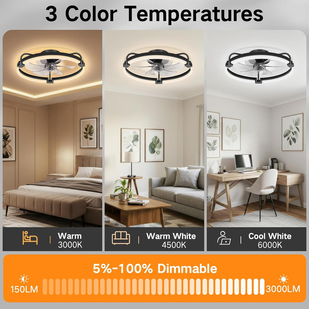 20" Ceiling Fan with Light, Low Profile Flush Mount Ceiling Fan with Remote, App and Wall Switch Control, 6 Speed