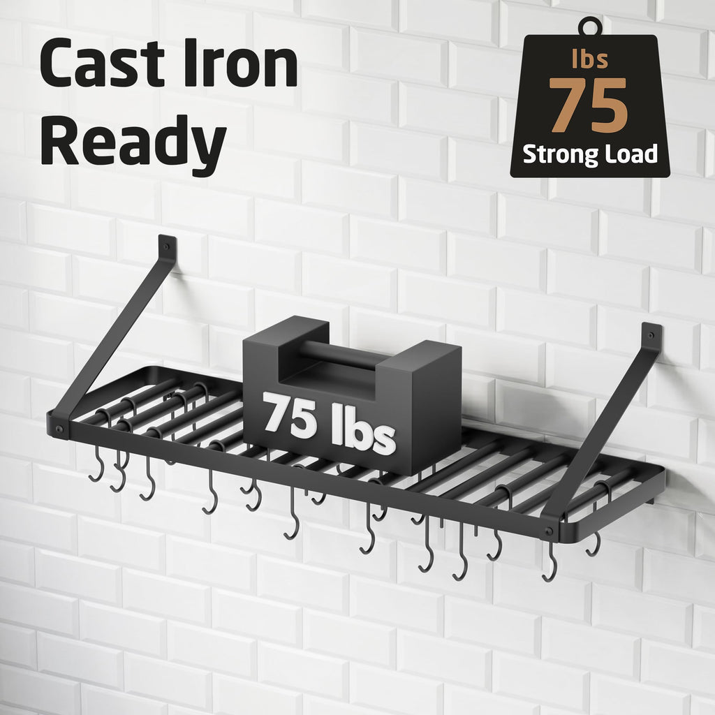 75 lb High-Capacity Pot Rack Wall Mounted with Pot Lid Holder 34 Inch