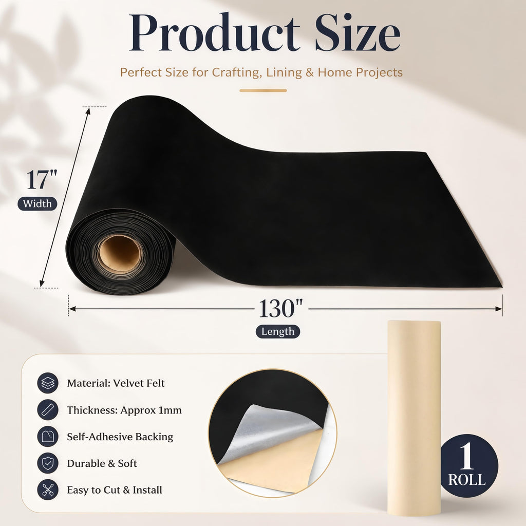 Self Adhesive Felt Fabric, 130''L x 17''W Velvet Drawer Liner Roll