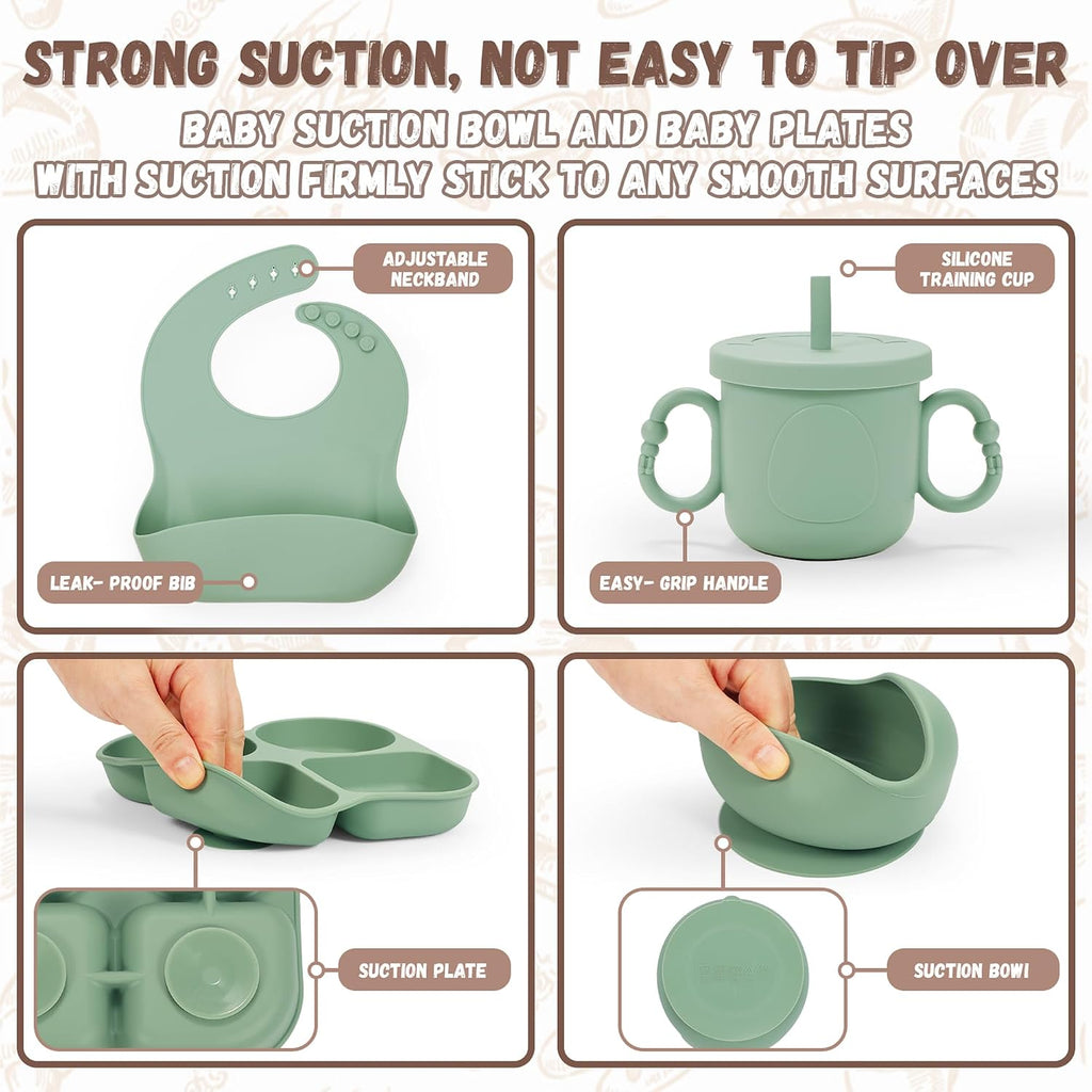 Feeding Set, Baby Led Weaning Supplies, Baby Food Tableware Silicone Suction Plate, Bowl, Spoons, Fork, Waterproof