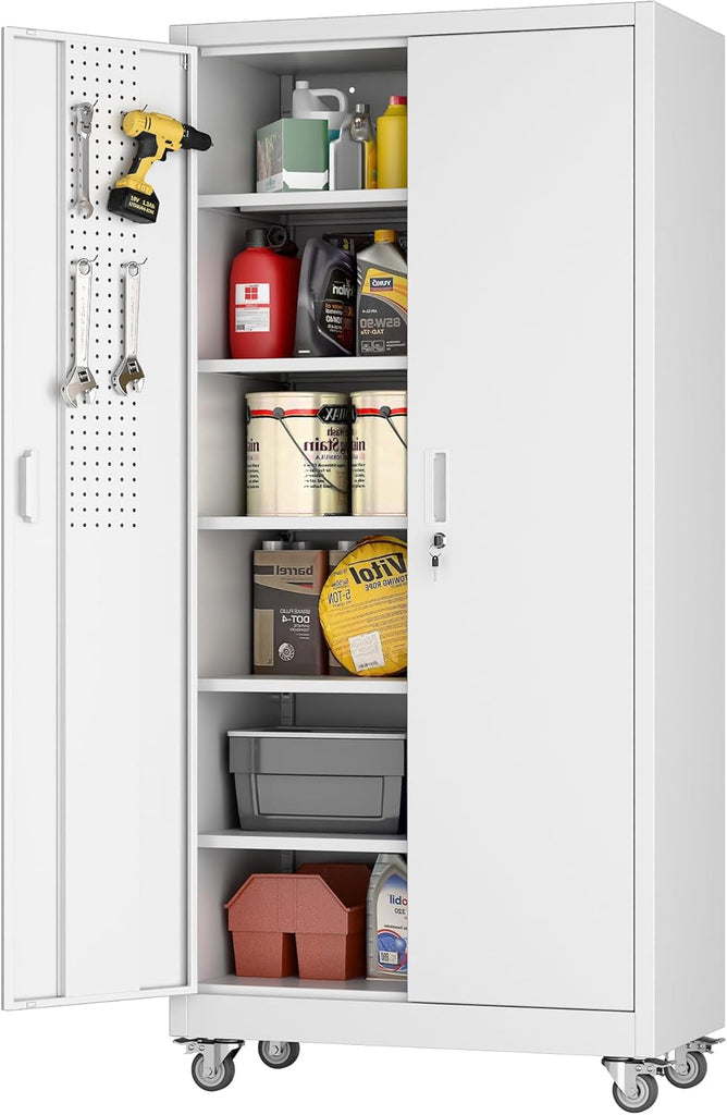 71" White Metal Storage Cabinet with Wheels and Pegboard | 16"D x 32"W x 71"H steel cabinet; lockable doors, 5