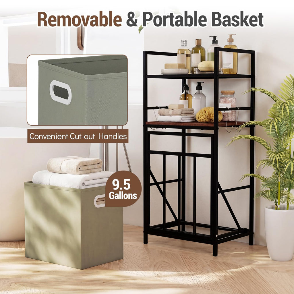 Tilt out Laundry Hamper, Space Saving Bathroom Storage Cabinet with Removable Basket, 2 Open Shelves & 4 Side Hooks