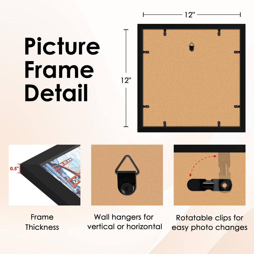 12x12 Picture Frame Set of 4, Photo Frame with HD Plexiglass, Display Pictures 8x8 with Mat or 12x12 Without Mat