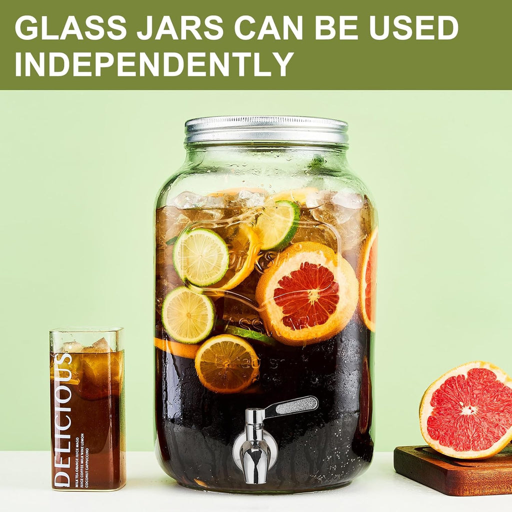 2 Gallon Beverage Dispenser with Stand and Lid, 18/8 Stainless Steel Spigot - Mason Jar Drink Dispensers with Lids